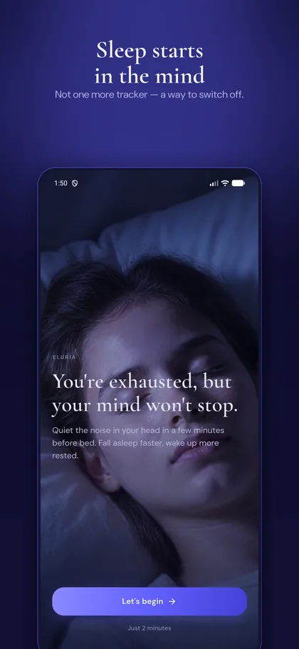 Eluria welcome screen — Sleep starts in the mind